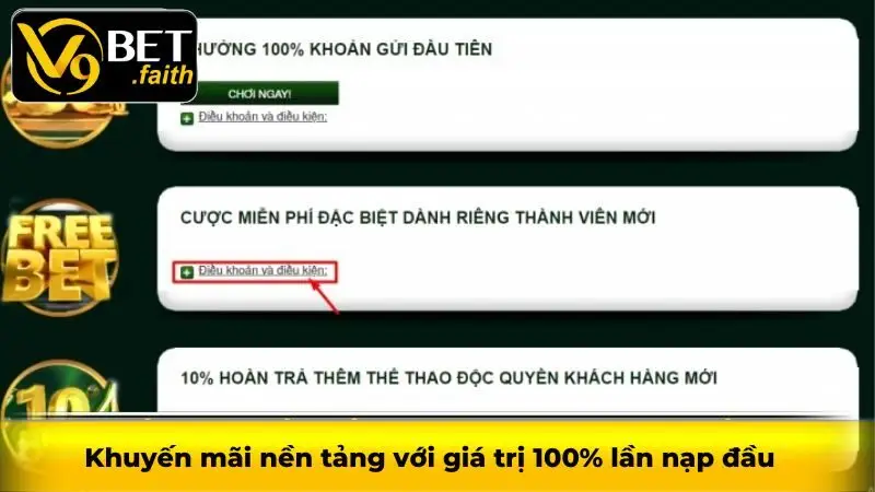 Khuyến mãi nền tảng với giá trị 100% lần  nạp đầu